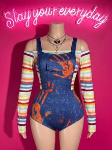 Slaydiva Women Striped Off Shoulder Bodysuit & Blood Stain Print Overall Bodysuit Set Spooky Party Costume - Multicolor - View 11