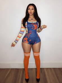 Slaydiva Women Striped Off Shoulder Bodysuit & Blood Stain Print Overall Bodysuit Set Spooky Party Costume - Multicolor - View 1
