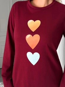SHEIN طقم بيجامة نسائي مقاس كبير بلون برغندي مع طباعة قلب وأكمام طويلة - عنابي اللون - مشاهدة 7