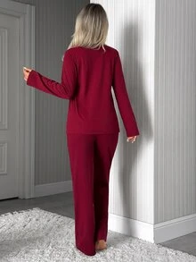 SHEIN طقم بيجامة نسائي مقاس كبير بلون برغندي مع طباعة قلب وأكمام طويلة - عنابي اللون - مشاهدة 3