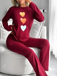 SHEIN طقم بيجامة نسائي مقاس كبير بلون برغندي مع طباعة قلب وأكمام طويلة - عنابي اللون - مشاهدة 2
