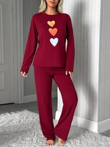 SHEIN طقم بيجامة نسائي مقاس كبير بلون برغندي مع طباعة قلب وأكمام طويلة - عنابي اللون - مشاهدة 6