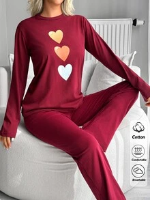 SHEIN طقم بيجامة نسائي مقاس كبير بلون برغندي مع طباعة قلب وأكمام طويلة - عنابي اللون - مشاهدة 5