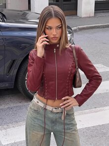 SHEIN ICON Jaket Kulit PU Wanita Warna Polos dengan Desain Tali dan Lubang Kancing - Burgundy - View 7