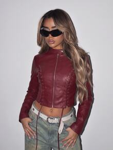SHEIN ICON Jaket Kulit PU Wanita Warna Polos dengan Desain Tali dan Lubang Kancing - Burgundy - View 5