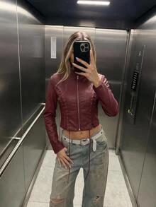 SHEIN ICON Jaket Kulit PU Wanita Warna Polos dengan Desain Tali dan Lubang Kancing - Burgundy - View 3