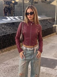 SHEIN ICON Jaket Kulit PU Wanita Warna Polos dengan Desain Tali dan Lubang Kancing - Burgundy - View 4