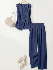 Breezaya Women's Asymmetric Design Sleeveless Shirt And Pleated Button Decor Wide Leg Pants 2-Piece Set, Casual And Comfortable For Spring/Summer Commuting - Blue - View 4