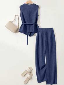 Breezaya Women's Asymmetric Design Sleeveless Shirt And Pleated Button Decor Wide Leg Pants 2-Piece Set, Casual And Comfortable For Spring/Summer Commuting - Blue - View 2