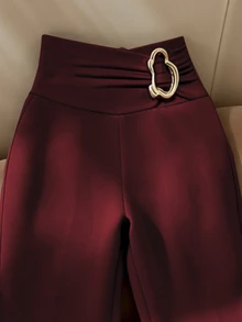 SHEIN Rosurelle 女士休闲纯色金属扣装饰修身性感打底裤，适合日常穿着、时尚搭配、通勤、春秋季节穿着。 - 酒紅色 - 查看 3