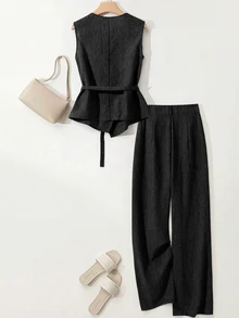 Breezaya Women's Asymmetric Design Sleeveless Shirt And Pleated Button Decor Wide Leg Pants 2-Piece Set, Casual And Comfortable For Spring/Summer Commuting - Black - View 2