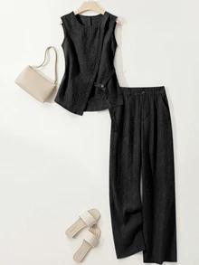 Breezaya Women's Asymmetric Design Sleeveless Shirt And Pleated Button Decor Wide Leg Pants 2-Piece Set, Casual And Comfortable For Spring/Summer Commuting - Black - View 3