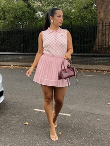 NegzBox Women's Casual 2 Pieces Set: Knight Pattern Knitted Polo Collar Vest And Pleated Knitted Mini Skirt Plaid Two-Piece - Pink - View 1