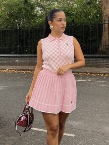 NegzBox Women's Casual 2 Pieces Set: Knight Pattern Knitted Polo Collar Vest And Pleated Knitted Mini Skirt Plaid Two-Piece - Pink - View 3