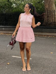 NegzBox Women's Casual 2 Pieces Set: Knight Pattern Knitted Polo Collar Vest And Pleated Knitted Mini Skirt Plaid Two-Piece - Pink - View 5