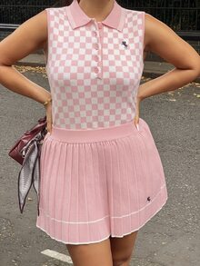 NegzBox Women's Casual 2 Pieces Set: Knight Pattern Knitted Polo Collar Vest And Pleated Knitted Mini Skirt Plaid Two-Piece - Pink - View 6
