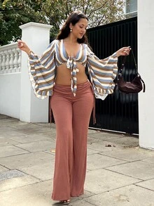 NegzBox 女士休闲纯色针织修身喇叭裤 - 酒紅色 - 查看 3