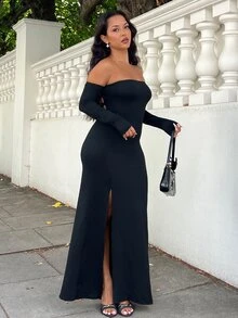 NegzBox Fitted Sexy Tube Backless Lace-Up Hem High Slit Long Sleeve Dress For Women - Black - View 1