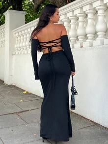 NegzBox Fitted Sexy Tube Backless Lace-Up Hem High Slit Long Sleeve Dress For Women - Black - View 2