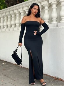 NegzBox Fitted Sexy Tube Backless Lace-Up Hem High Slit Long Sleeve Dress For Women - Black - View 5