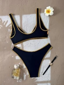 Swim Mod Contrast Trim Two-Piece Bikini For Women, High Cut Slimming Beach Vacation Swimsuit - Multicolor - View 5