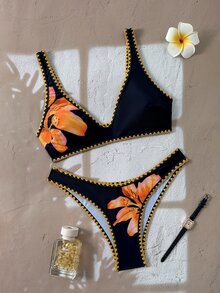 Swim Mod Contrast Trim Two-Piece Bikini For Women, High Cut Slimming Beach Vacation Swimsuit - Multicolor - View 4