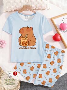 Teen Girls' 2 Pieces Cartoon Capybara Short Sleeve Top And Shorts Pajama Set,Light Blue Summer Cute Lace Home Wear Sleep Snug Fit Tight Pajamas Set - Blue - View 3