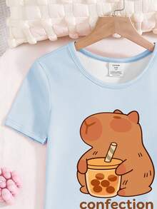 Teen Girls' 2 Pieces Cartoon Capybara Short Sleeve Top And Shorts Pajama Set,Light Blue Summer Cute Lace Home Wear Sleep Snug Fit Tight Pajamas Set - Blue - View 4