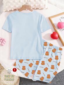 Teen Girls' 2 Pieces Cartoon Capybara Short Sleeve Top And Shorts Pajama Set,Light Blue Summer Cute Lace Home Wear Sleep Snug Fit Tight Pajamas Set - Blue - View 2