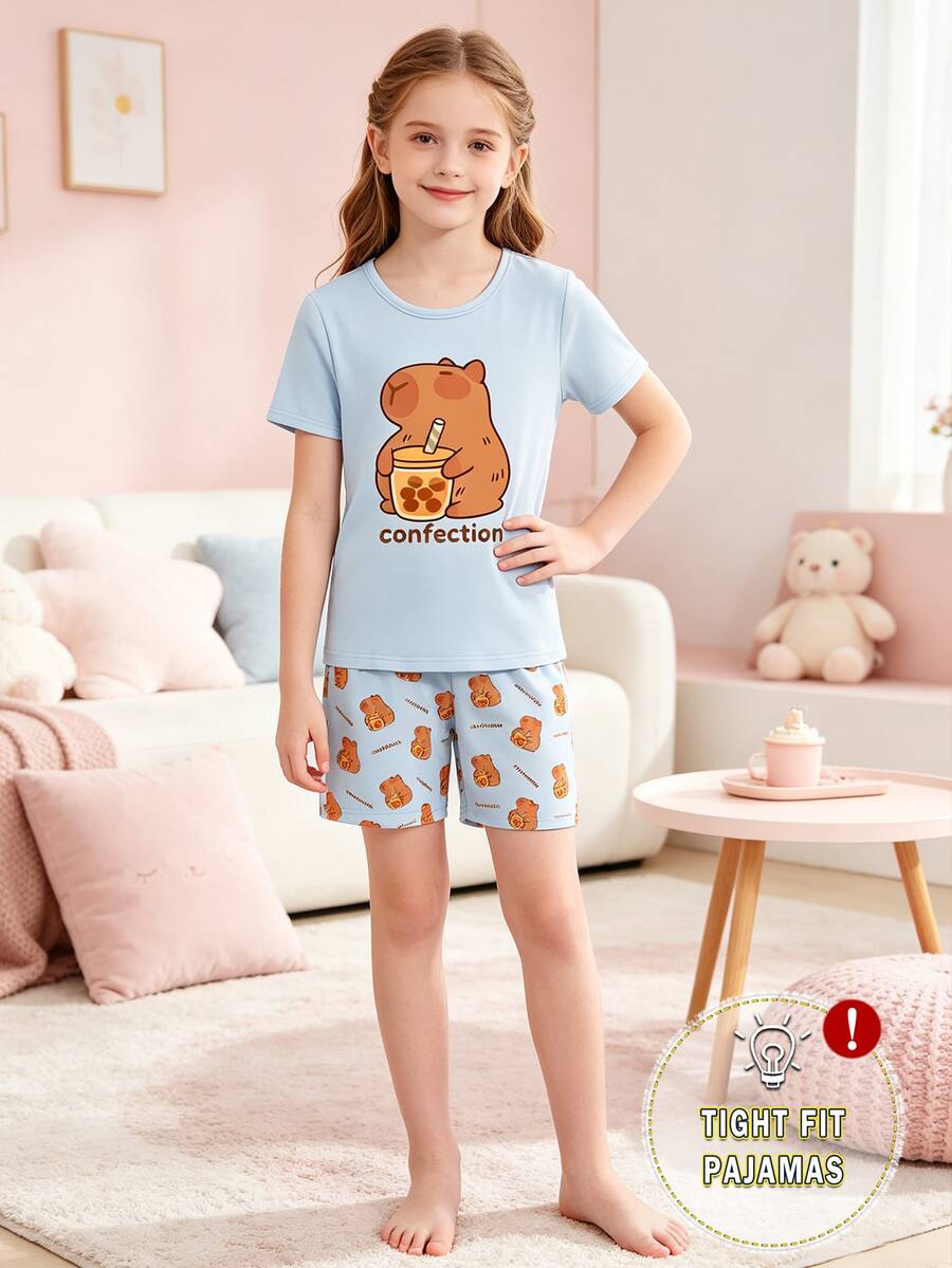 Teen Girls' 2 Pieces Cartoon Capybara Short Sleeve Top And Shorts Pajama Set,Light Blue Summer Cute Lace Home Wear Sleep Snug Fit Tight Pajamas Set - Blue - View 1