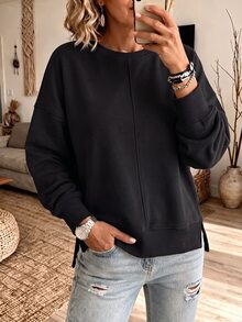 Balvessa Women's Casual Autumn Winter Black Spliced Long‑Sleeve Sweatshirt, Suitable For Halloween, Saudi National Day, Gym, Graduation Ceremony Occasions - Black - View 5