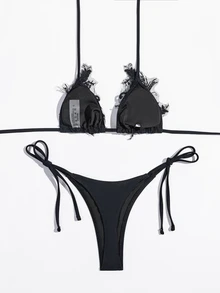 Sirith Set Pakaian Renang Dua Potong Wanita Musim Panas dengan Hiasan Payet, Model Halter Ikat, dan Bawahan Segitiga - Hitam - View 4