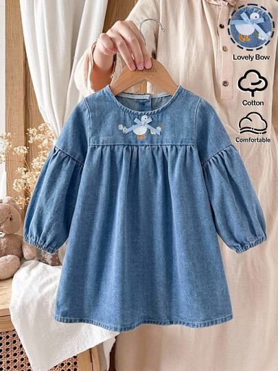 LMoss Kids Baby Girl Casual Soft Cute Bow Duck Pattern Blue Denim Loose Fit Long Dress,For Baby Girls Fall/Winter Dailywear Outfits,Toddler Dress,Christmas Dress