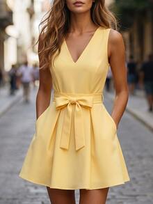SHEIN Women's New Yellow Short Waist-Cinched Elegant Dress - Multicolor - View 5