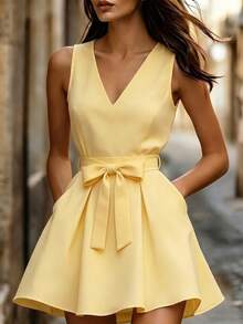 SHEIN Women's New Yellow Short Waist-Cinched Elegant Dress - Multicolor - View 1
