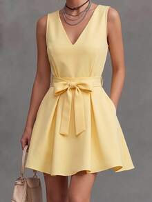 SHEIN Women's New Yellow Short Waist-Cinched Elegant Dress - Multicolor - View 6