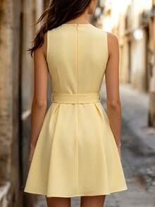 SHEIN Women's New Yellow Short Waist-Cinched Elegant Dress - Multicolor - View 2