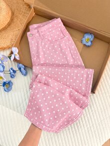 Comfortcana 女款休閒日常旅行牛仔褲，附口袋與鈕扣波點設計 - 粉色 - 查看 2