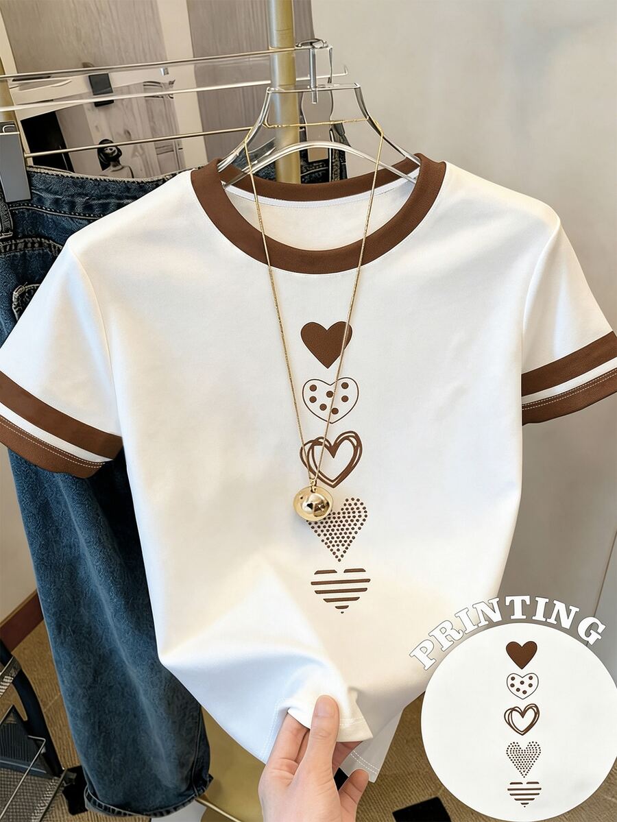 Resyla 女款外穿上衣 夏季新款 心形印花 棕色與白色 學生教師節 女款短袖T恤 - 彩色 - 查看 1