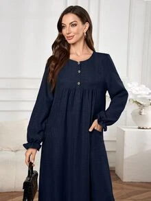 Al Najma 女款阿拉伯風純色圓領洋裝，適合通勤、約會、度假、派對、日常穿著、聚會、戶外活動 - 藏蓝色 - 查看 5