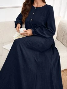 Al Najma 女款阿拉伯風純色圓領洋裝，適合通勤、約會、度假、派對、日常穿著、聚會、戶外活動 - 藏蓝色 - 查看 8