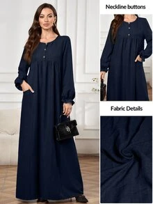 Al Najma 女款阿拉伯風純色圓領洋裝，適合通勤、約會、度假、派對、日常穿著、聚會、戶外活動 - 藏蓝色 - 查看 1