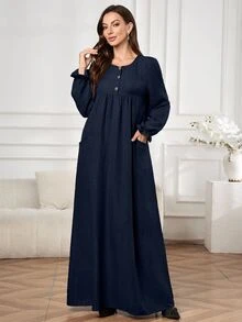 Al Najma 女款阿拉伯風純色圓領洋裝，適合通勤、約會、度假、派對、日常穿著、聚會、戶外活動 - 藏蓝色 - 查看 3