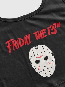 Friday the 13th X ROMWE 恐怖電影印花女款休閒睡衣套裝，背心上衣與長褲 - 黑色 - 查看 4