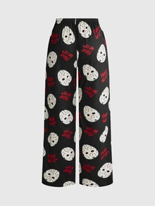 Friday the 13th X ROMWE 恐怖電影印花女款休閒睡衣套裝，背心上衣與長褲 - 黑色 - 查看 8