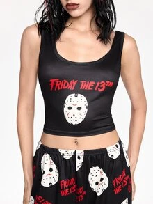 Friday the 13th X ROMWE 恐怖電影印花女款休閒睡衣套裝，背心上衣與長褲 - 黑色 - 查看 2