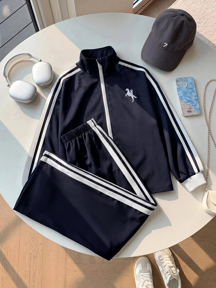 SHEIN 青少年女孩休閒新款秋冬時尚海軍藍與白色條紋長袖拉鍊夾克與長褲2件套返校季秋冬服裝開襟夾克套裝 - 藏蓝色 - 查看 1