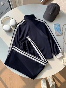 SHEIN 青少年女孩休閒新款秋冬時尚海軍藍與白色條紋長袖拉鍊夾克與長褲2件套返校季秋冬服裝開襟夾克套裝 - 藏蓝色 - 查看 2