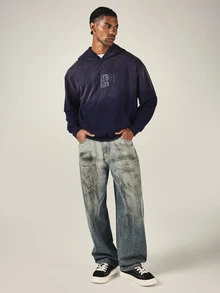 PLAYBOY X SUMWON 1953 Varsity Collegiate Print Oversized Pullover Hoodie With Centre Pocket Washed Finish - Blue - View 3