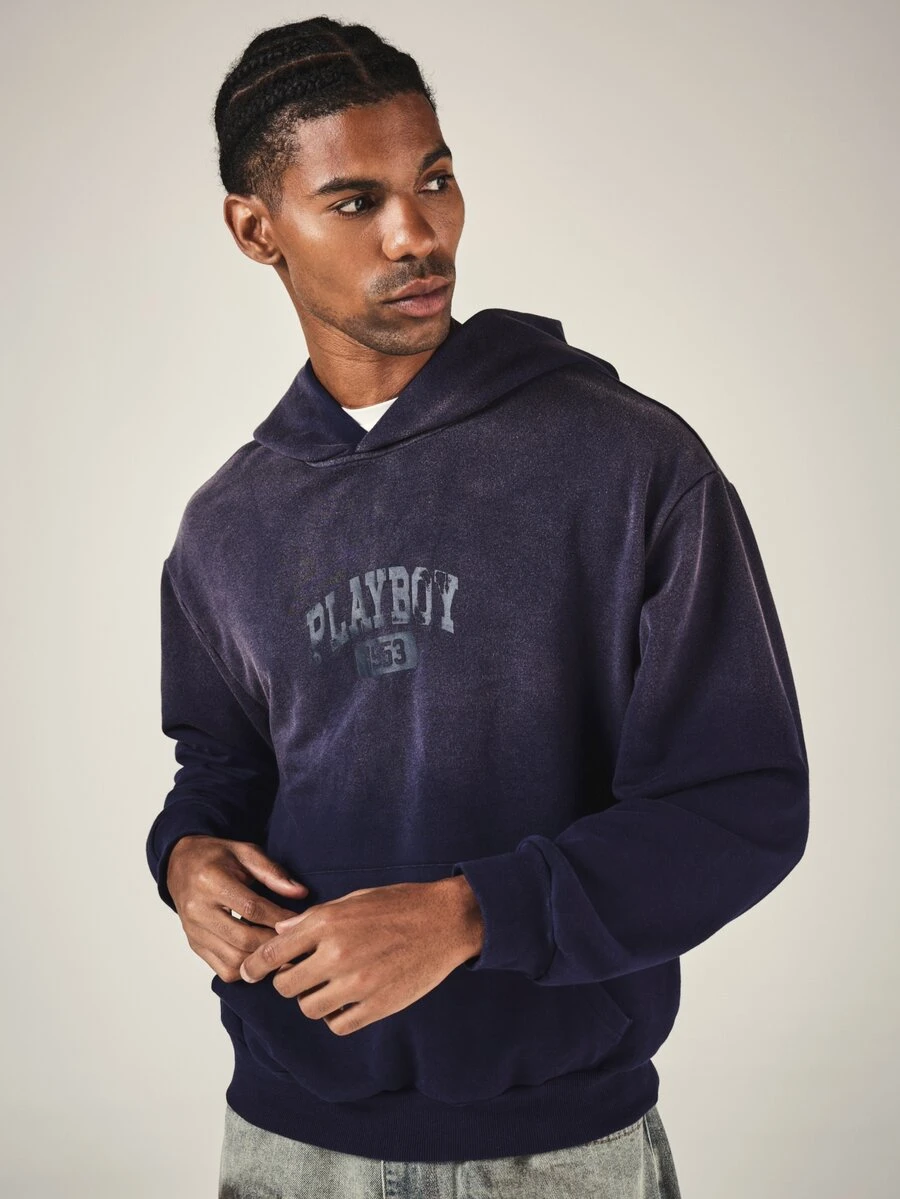 PLAYBOY X SUMWON 1953 Varsity Collegiate Print Oversized Pullover Hoodie With Centre Pocket Washed Finish - Blue - View 1